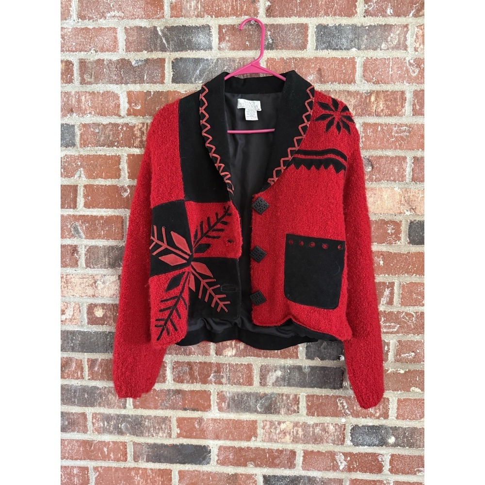 Vtg Sandy Starkman Jacket L Red & Black Sweater